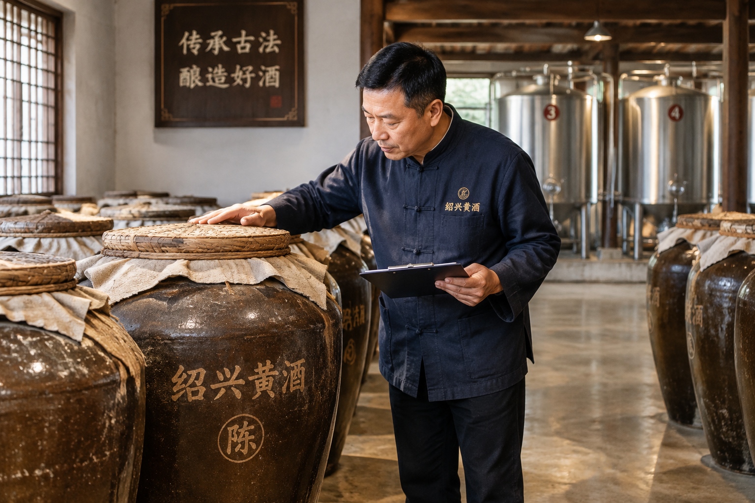 A brewer inspecting large ceramic aging jars in a Shaoxing wine brewery, with stainless steel tanks in the background