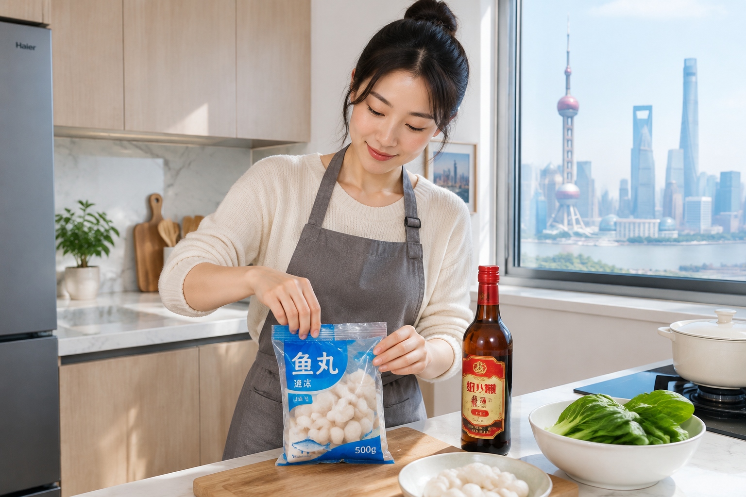 A young Chinese office worker in a Shanghai apartment kitchen unpacking frozen fish balls and a bottle of Shaoxing wine for a quick meal