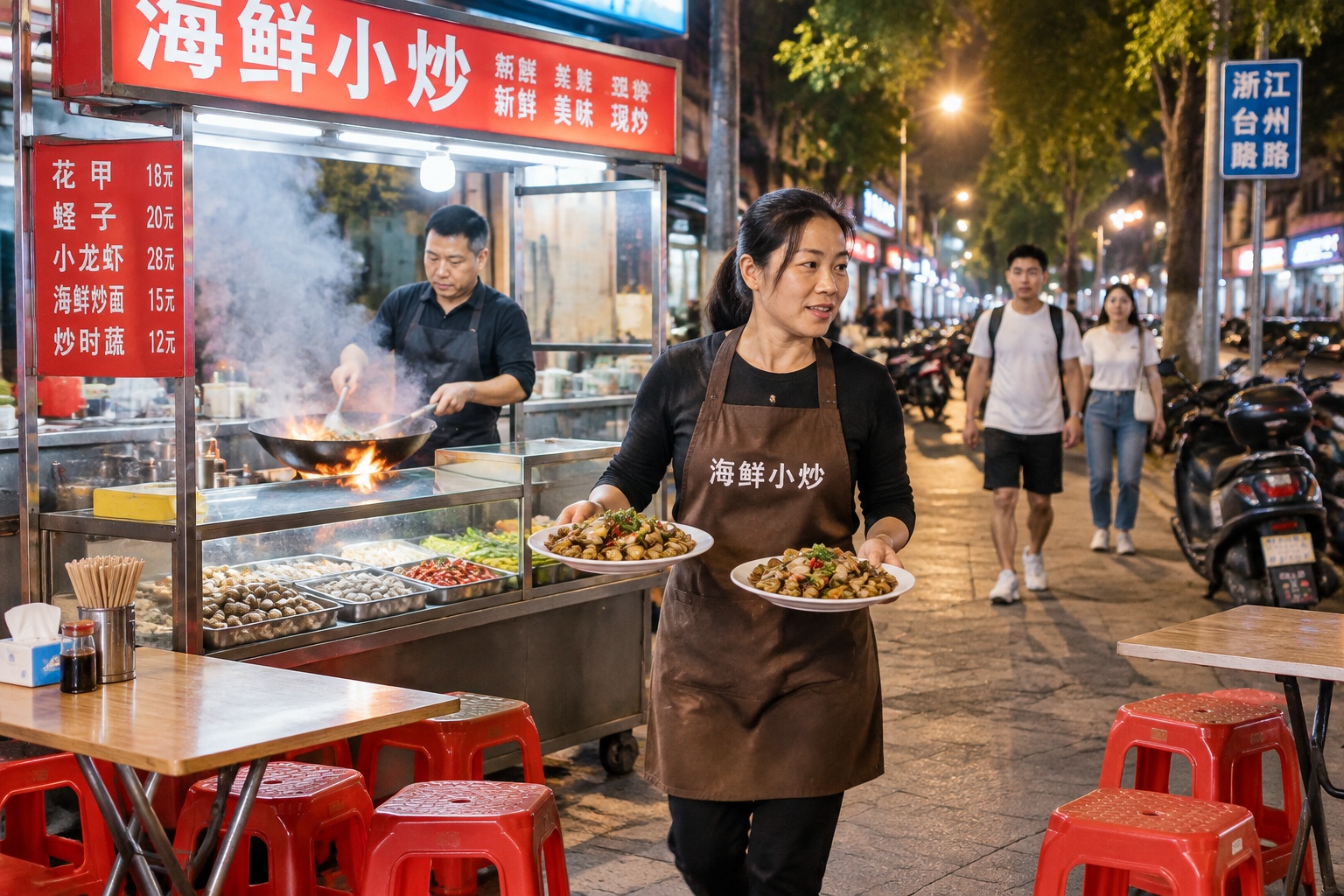 Red plastic stools and folding tables fill the sidewalk outside a small street restaurant in Zhejiang at night while a cook works a flaming wok