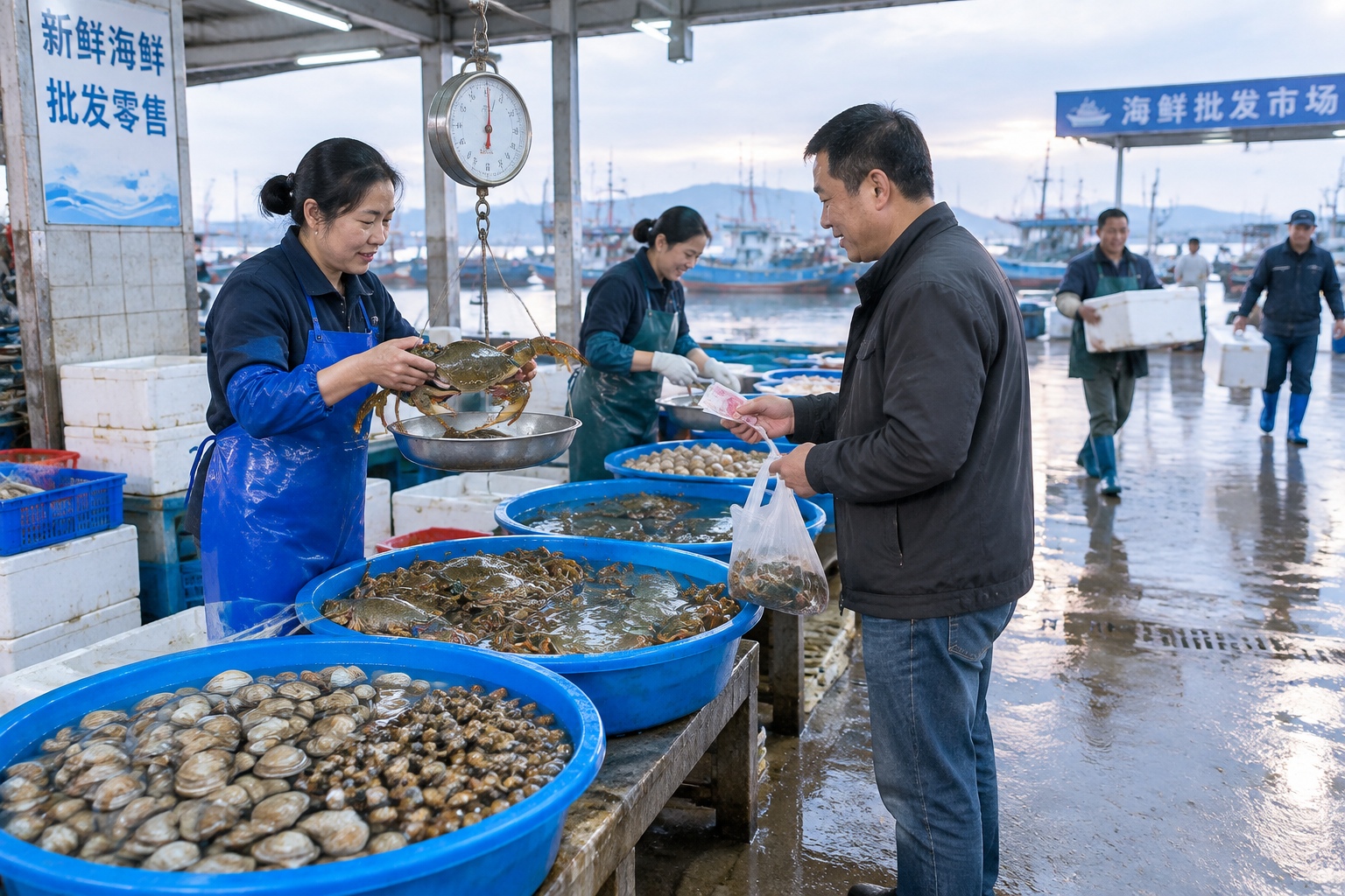Vendors weighing clams and crabs in shallow basins at a Zhejiang coastal seafood wholesale market before sunrise