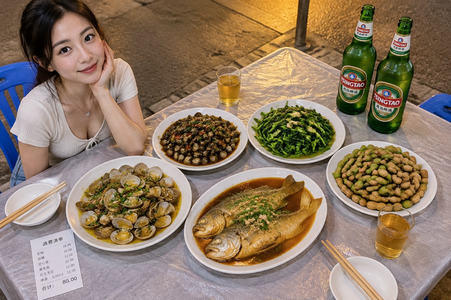 Five home-style seafood dishes, two beers and a paper bill on a folding table at a Zhejiang street stall