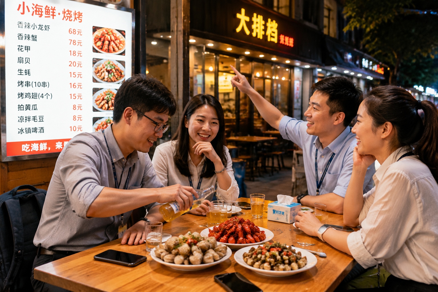 Young office workers sharing beer and shellfish at an outdoor street stall in Zhejiang on a weekday evening