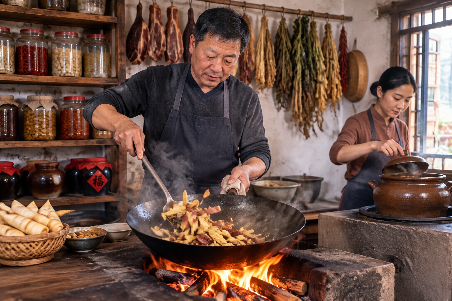 A cook stir-frying bamboo shoots and cured ham over a wood-fired wok in a small Anhui kitchen with cured pork hanging behind him