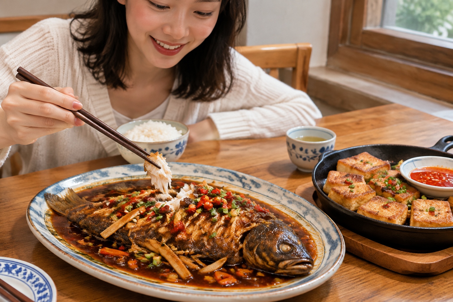 Braised stinky mandarin fish in dark sauce next to a cast-iron pan of golden pan-fried hairy tofu with chilli sauce on a Chinese restaurant table
