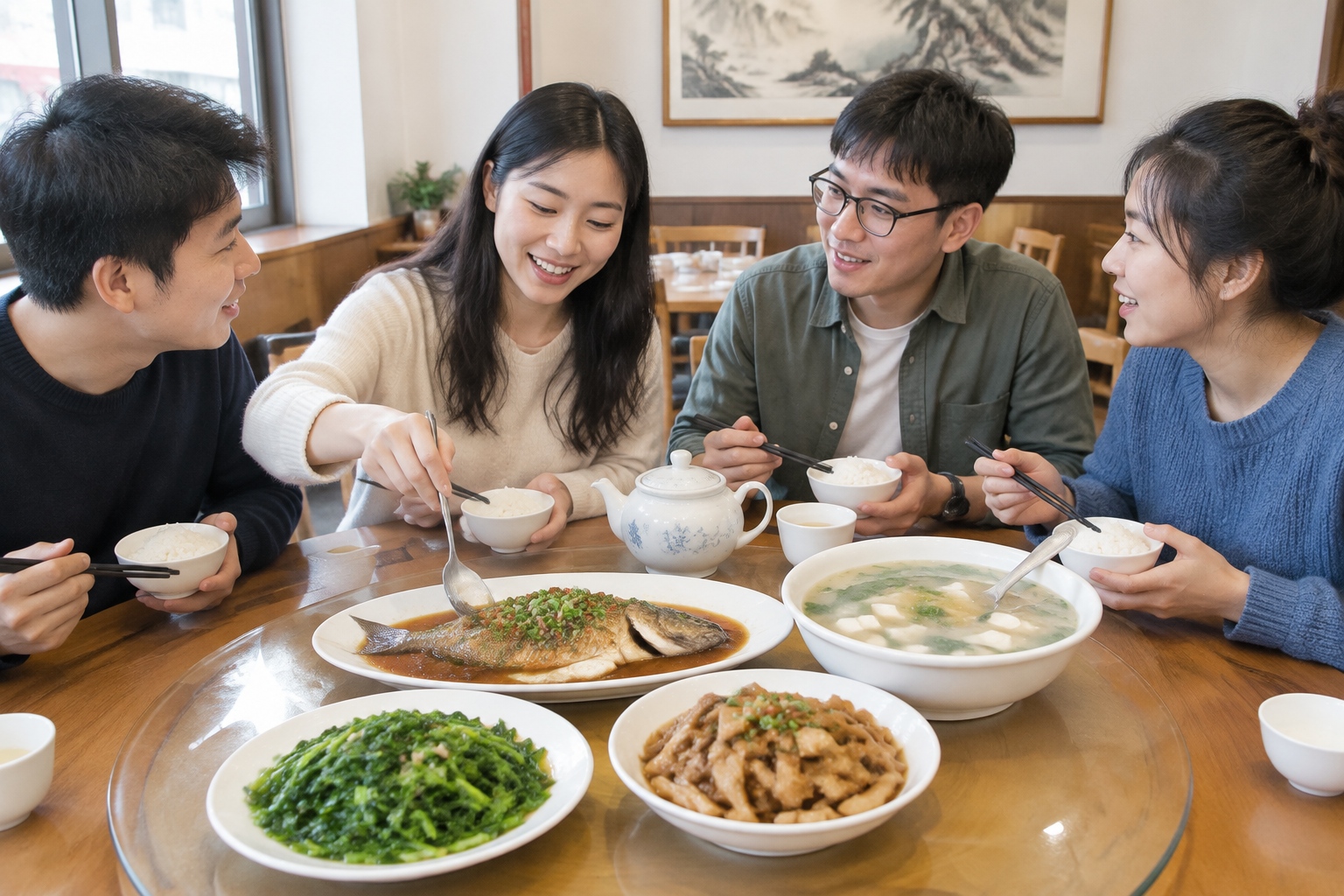 Four friends sharing a small stinky mandarin fish, greens, bamboo shoots and rice at a round table in an Anhui restaurant