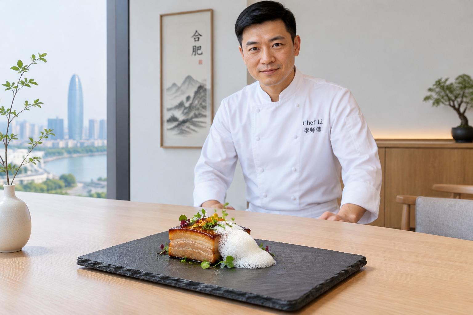 Modern Huizhou fusion dish with pork belly and foam, served in a trendy restaurant in Hefei