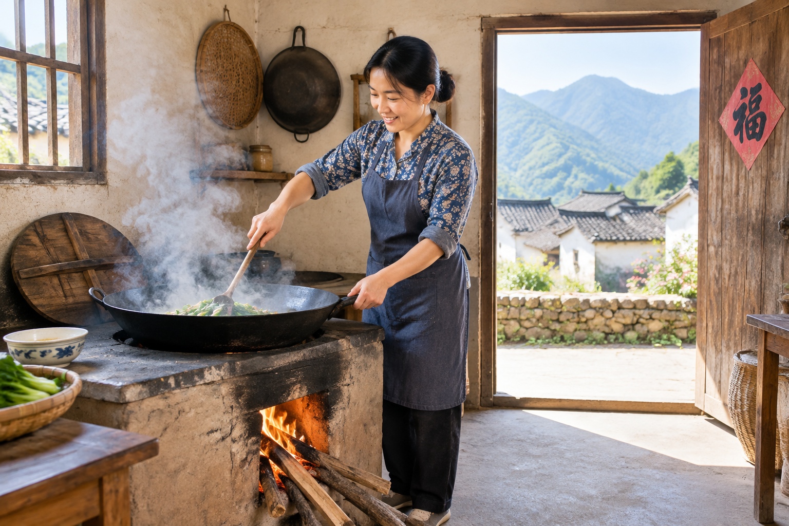 Village chef cooking in a traditional clay stove with pinewood fire in rural Anhui