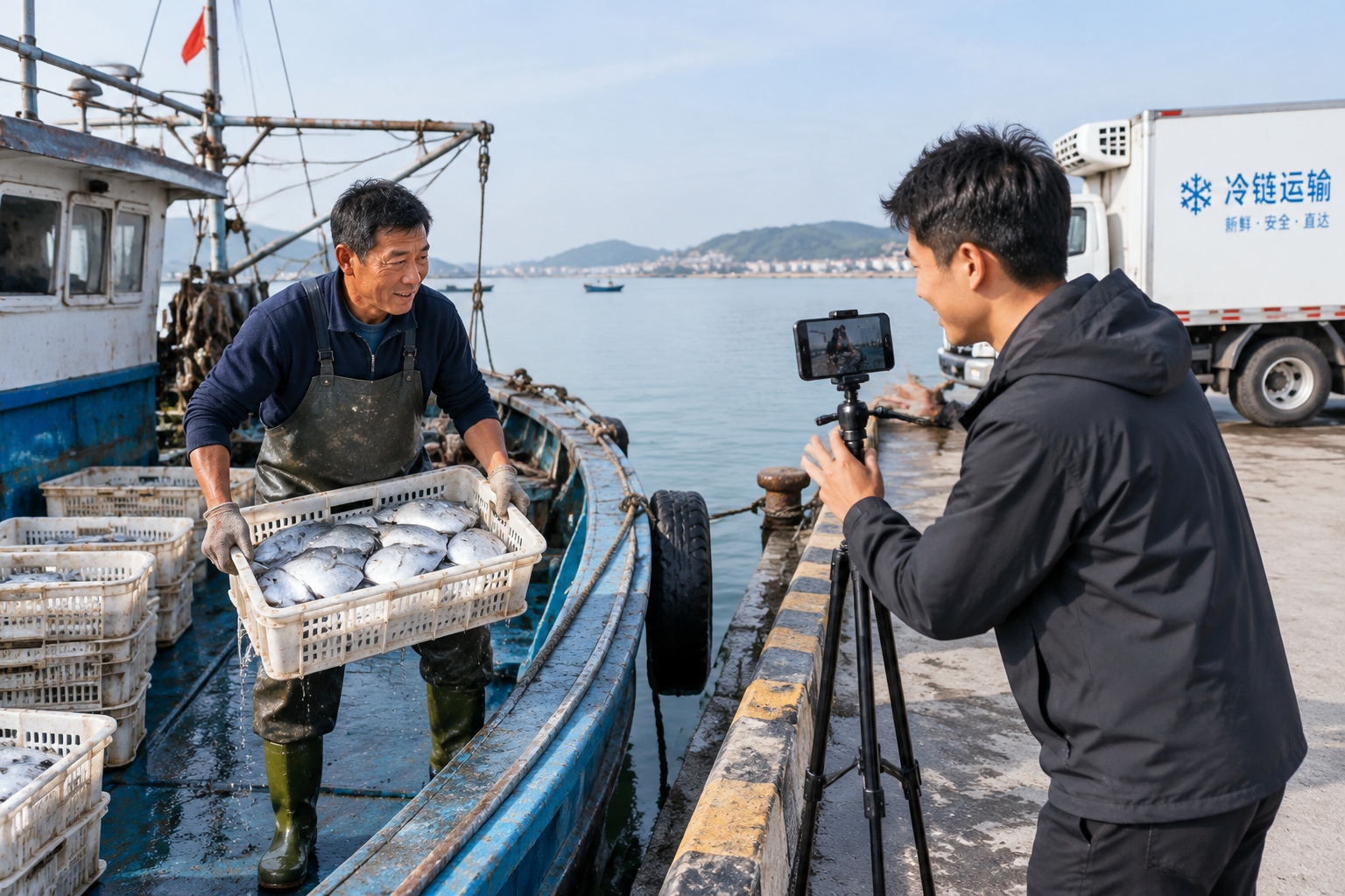Fisherman lifting a crate of silver pomfret from a boat at Shacheng port in Fuding, Fujian, while his son films with a smartphone