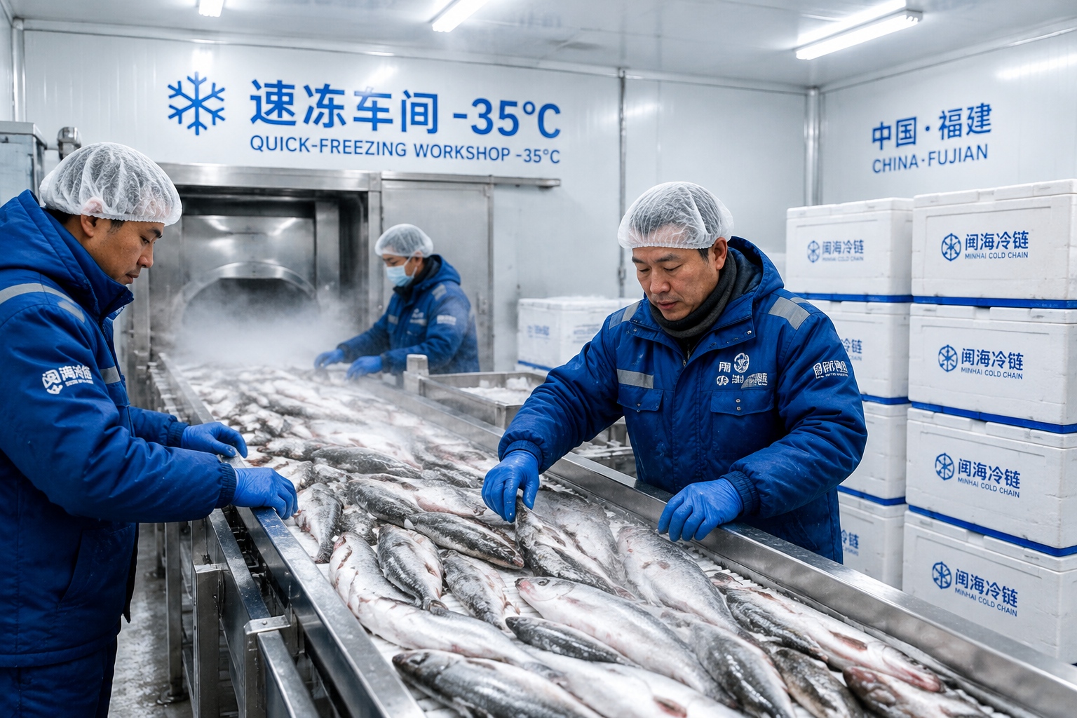 Workers sorting fresh fish on a conveyor belt inside a cold-storage facility in Fujian, China