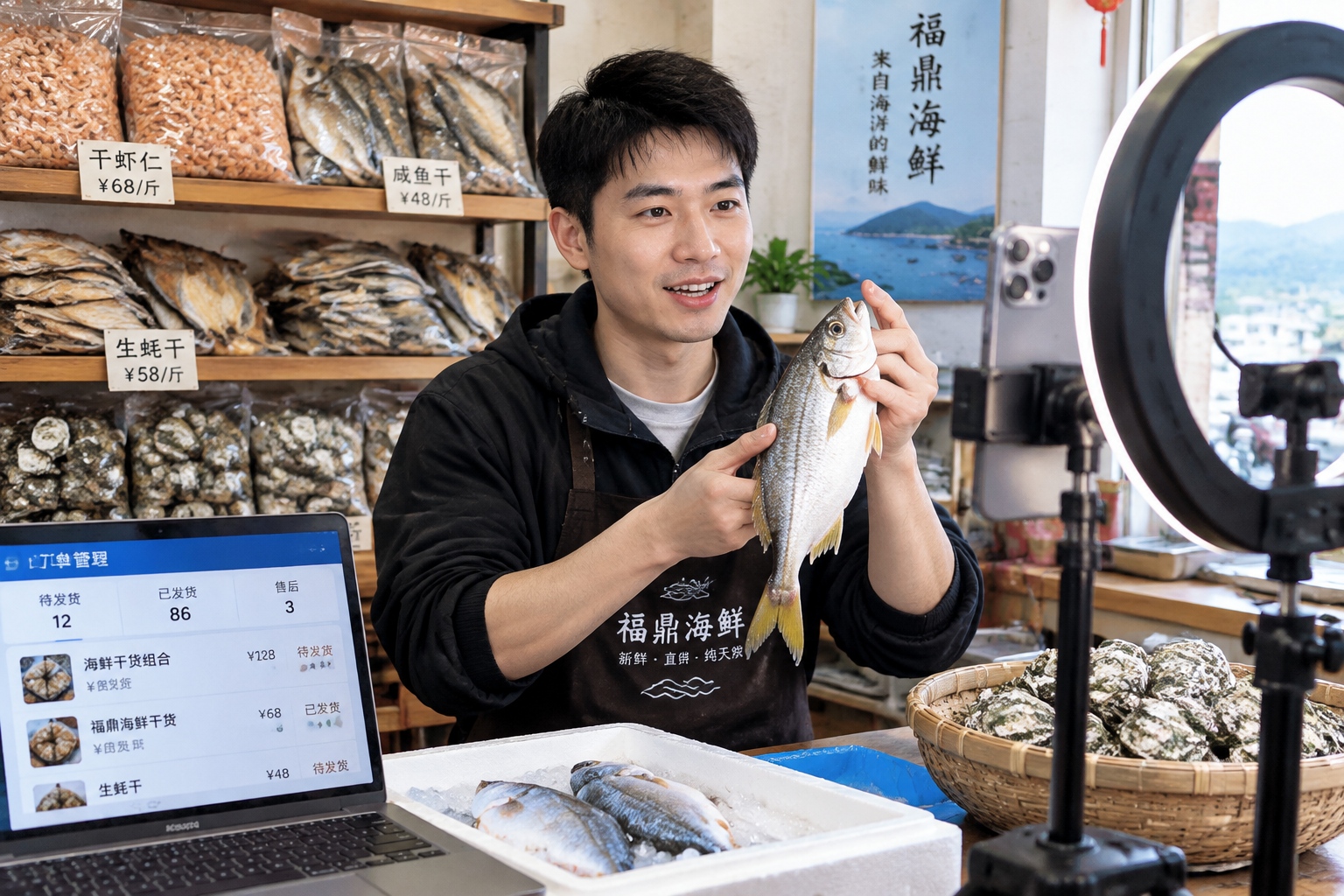 Young Chinese man live-streaming seafood sales from a small shop in Fuding, Fujian, holding a fresh fish to the camera