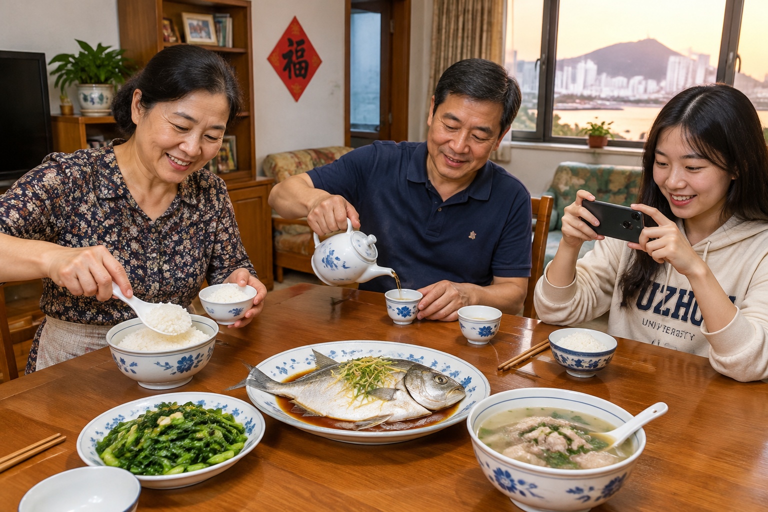 Family dinner in Fuzhou with steamed silver pomfret on the table, showing modern Chinese home dining