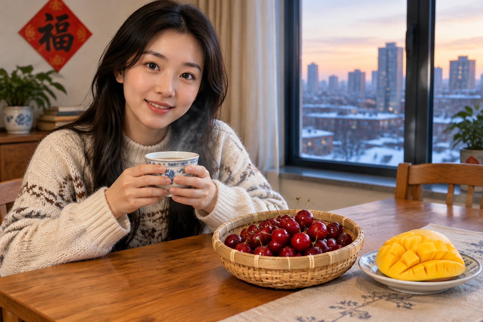 A basket of imported Chilean cherries and a Thai mango on a dining table in a Chinese home, illustrating everyday access to global produce.