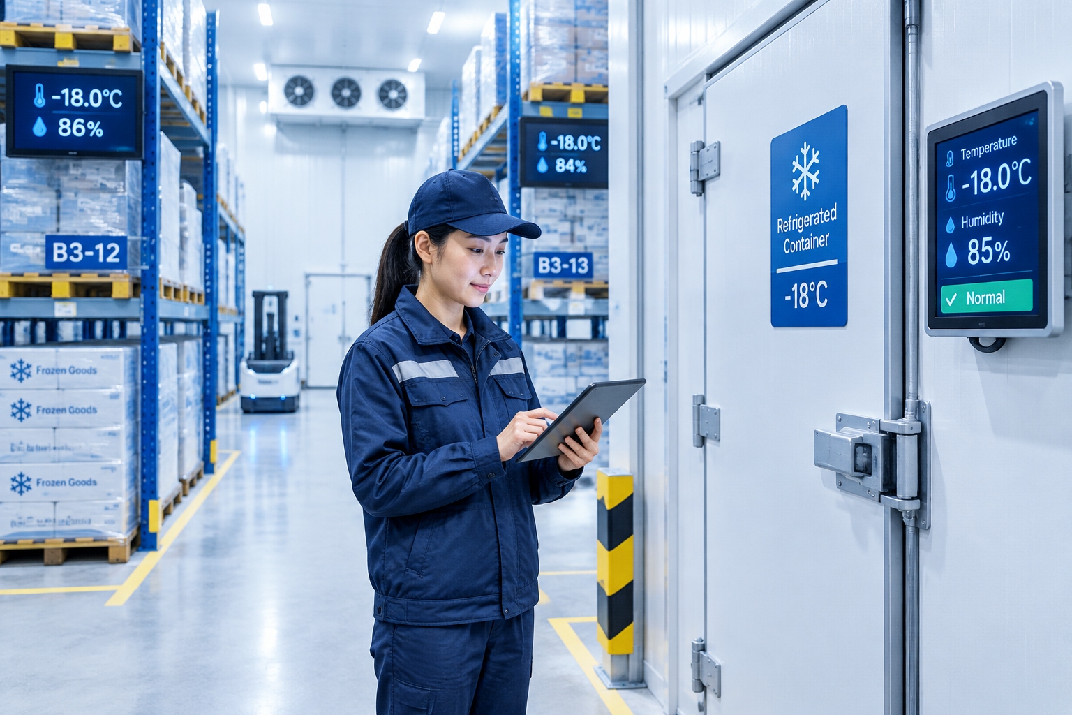 Workers monitoring temperature controls in an automated cold chain warehouse for fresh fruit logistics in China.