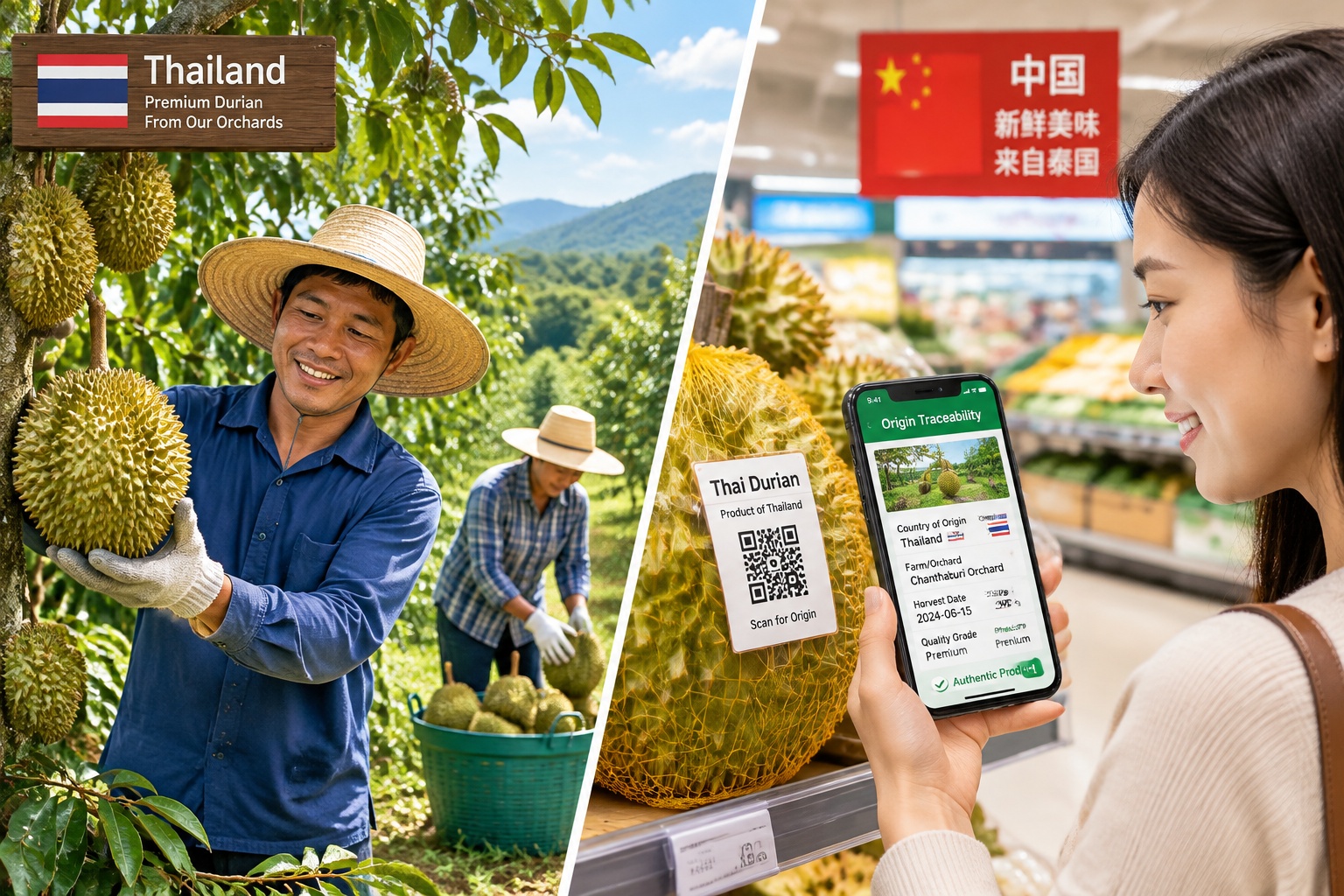 Visual connection between Thai durian farmers and Chinese consumers, highlighting the integrated global fruit supply chain.