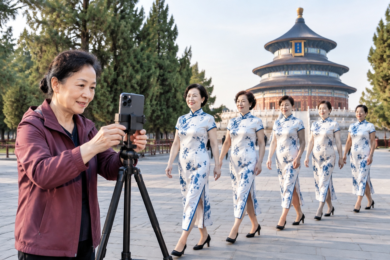 Senior Chinese woman adjusting a smartphone on a tripod in a Beijing park while her friends practice a qipao model walk behind her.