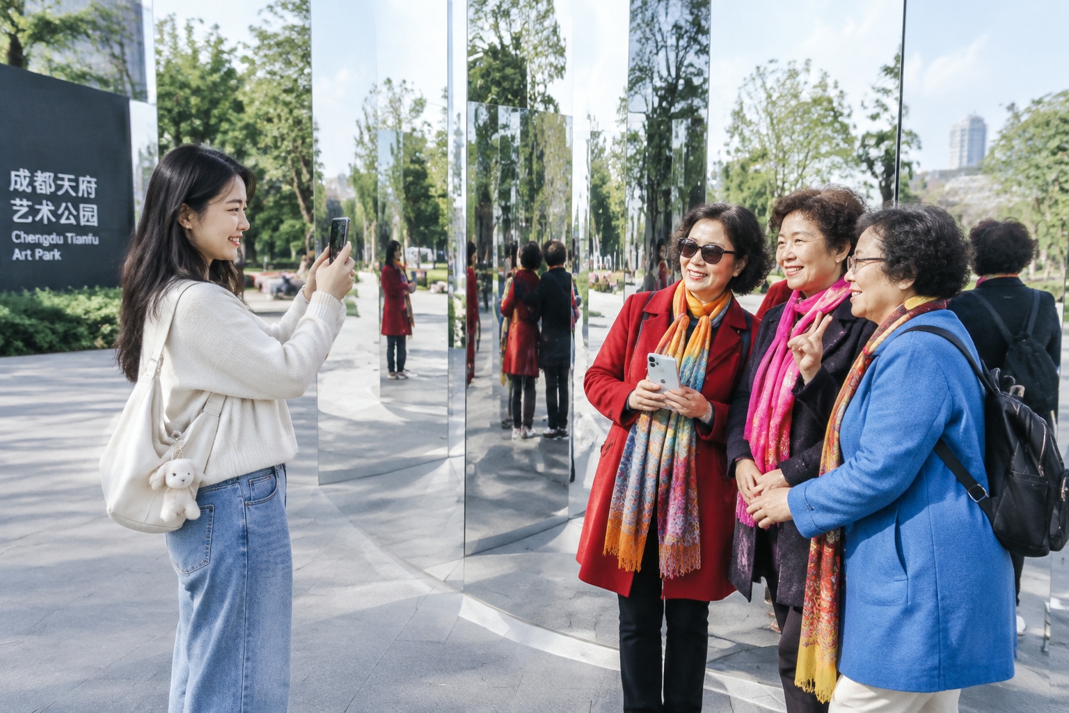 A young influencer and a group of seniors swap smartphones to take photos of each other at a mirrored art installation in Chengdu.