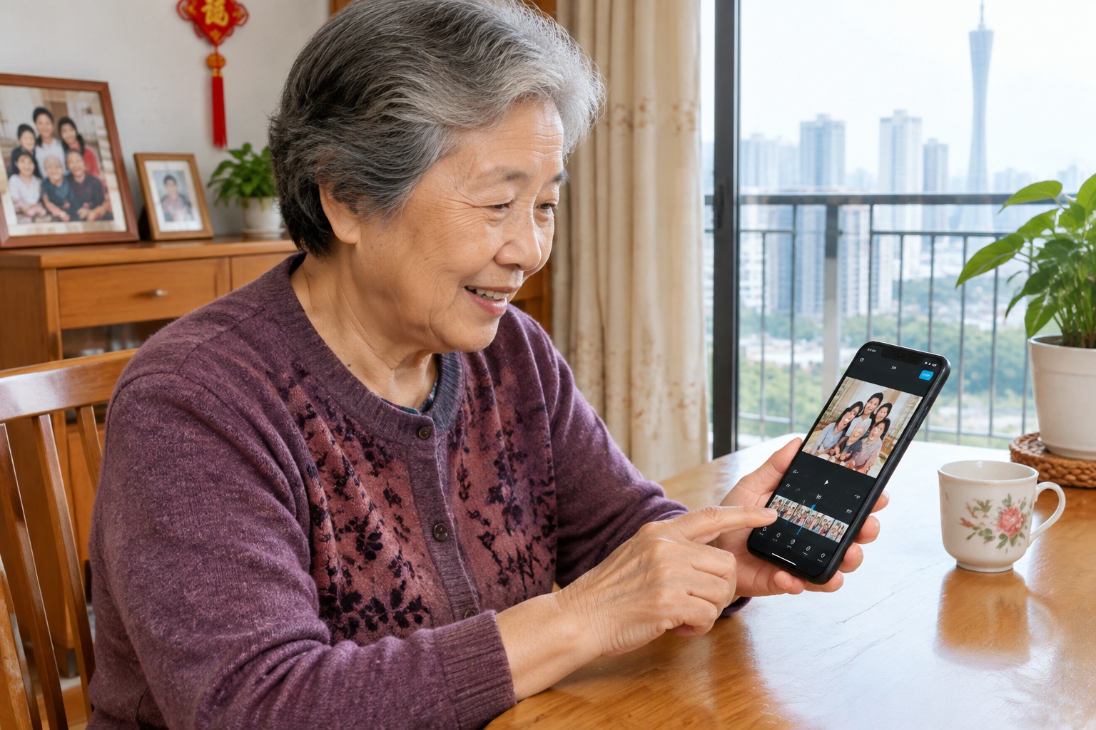 A 75-year-old Chinese grandmother editing a short video on her smartphone at home in Guangzhou, family photos on the screen.