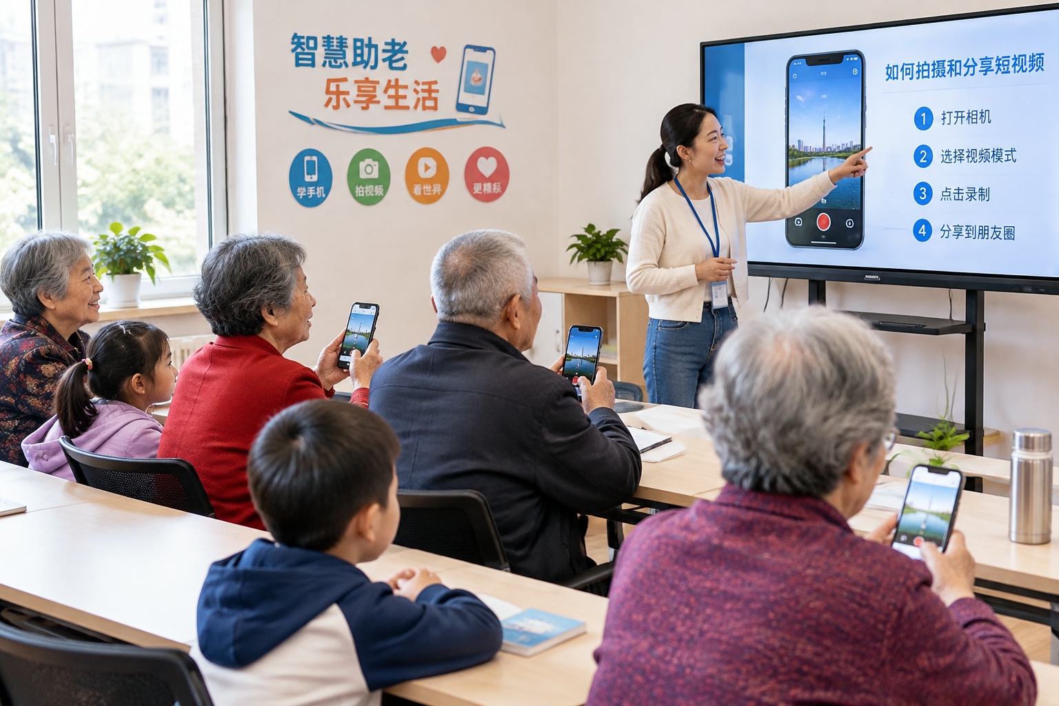 Chinese seniors and their grandchildren attend a smartphone video class at a Beijing community center.