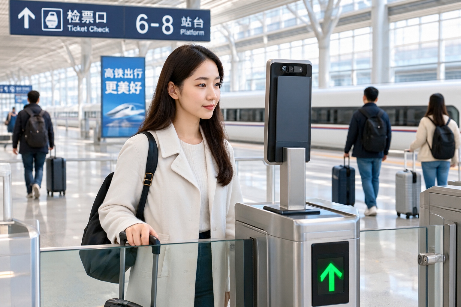 Traveler using facial recognition gate at a Chinese high-speed rail station during morning rush hour