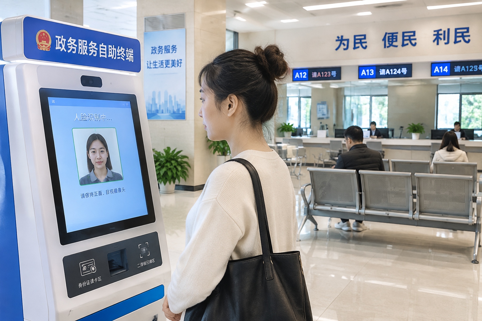 Resident using facial recognition kiosk at a Chinese government service center to retrieve electronic ID documents