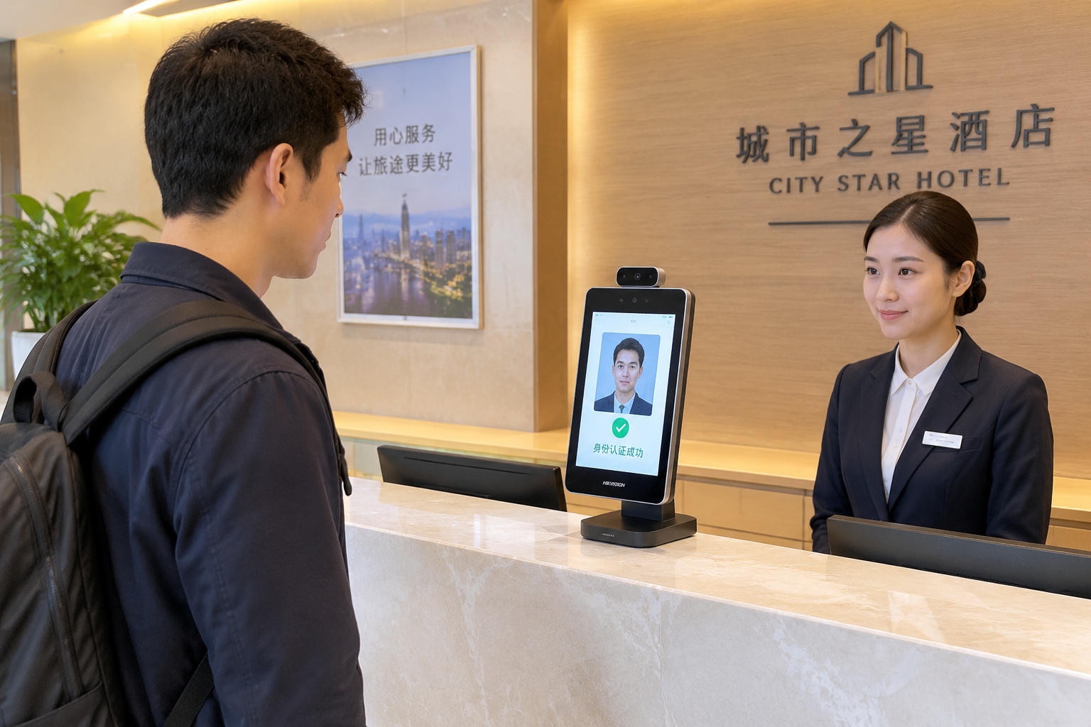 Guest checking in at a Chinese hotel using facial recognition terminal at the front desk