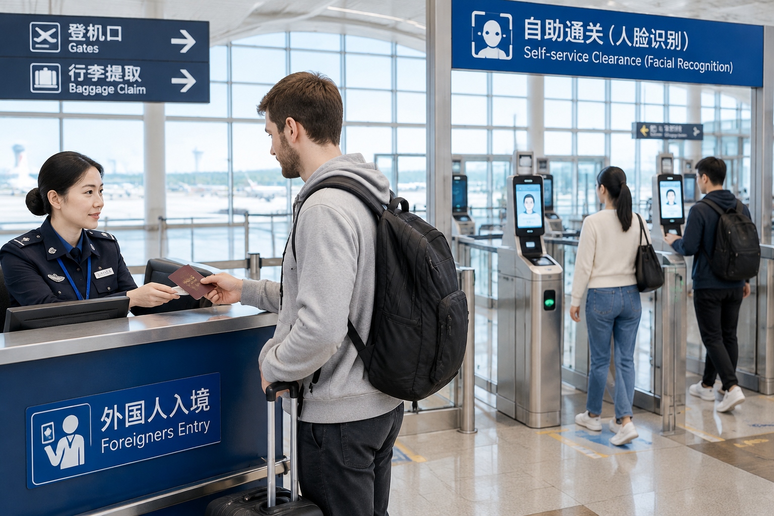 Foreign traveler presenting passport at a Chinese airport counter while Chinese citizens use facial recognition gates nearby