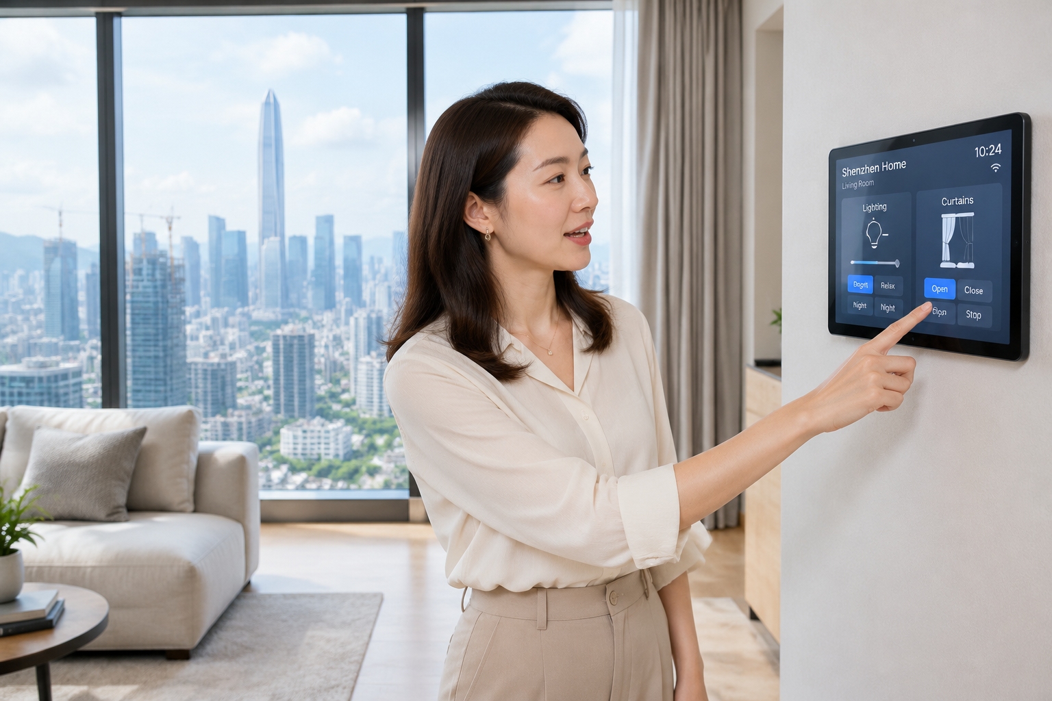 Woman using a wall-mounted smart home tablet in a Shenzhen apartment living room with city views