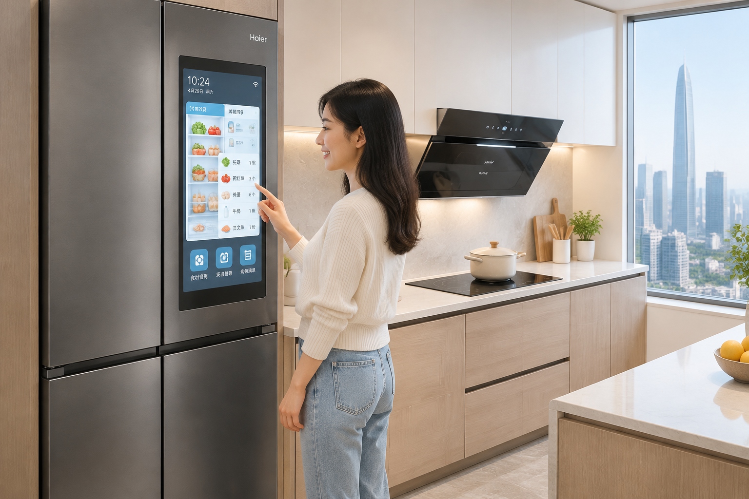 Smart refrigerator with a touchscreen showing contents inside a modern Shenzhen apartment kitchen