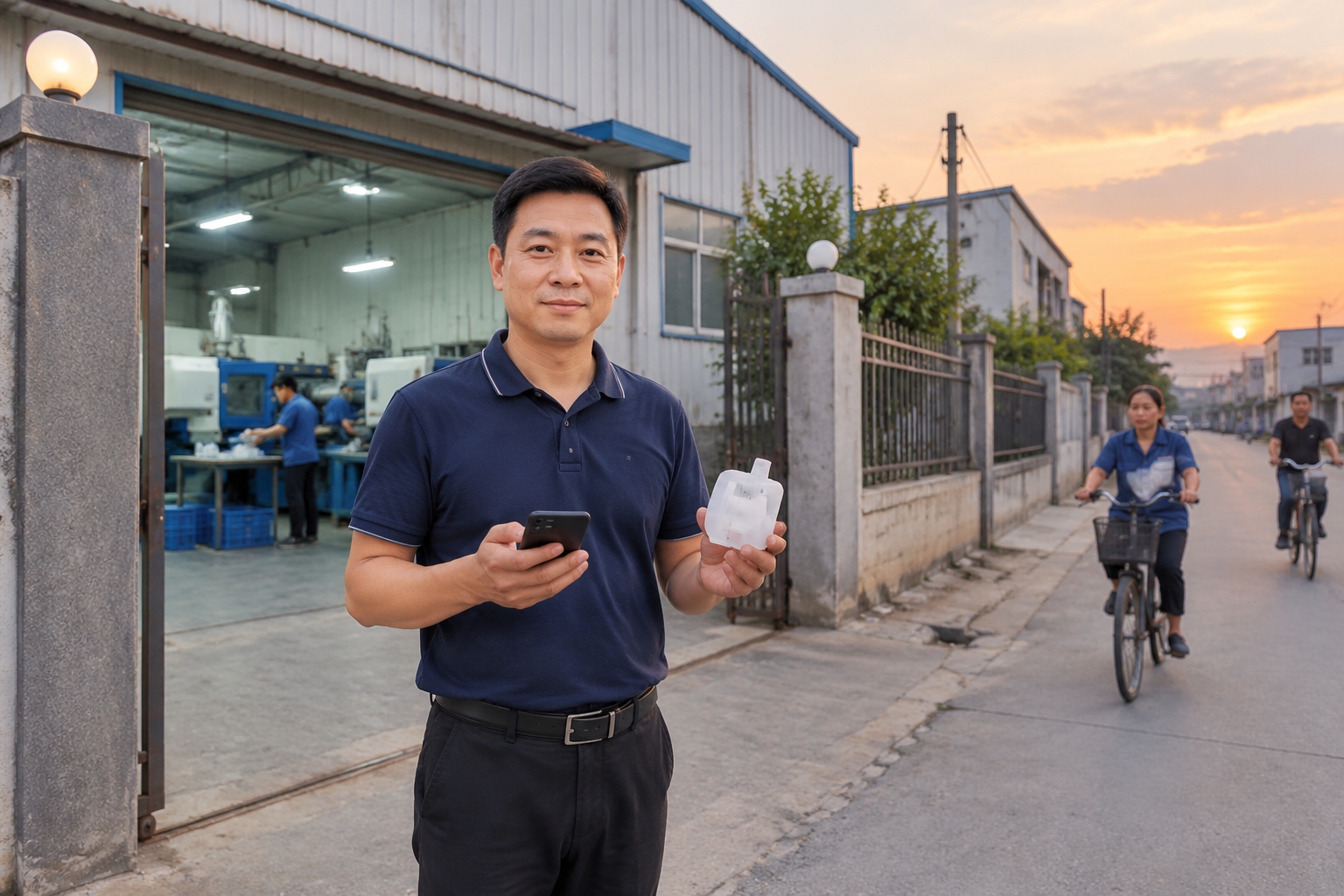 A small factory owner in Dongguan stands outside his plastics workshop at dusk holding a sample part and a phone.