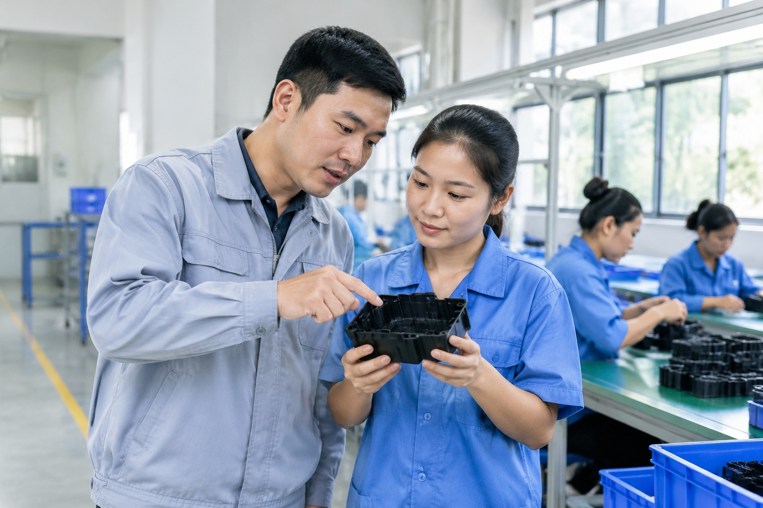 A Chinese supervisor and a Vietnamese line leader inspect a plastic component together on a new assembly line in Bac Ninh.