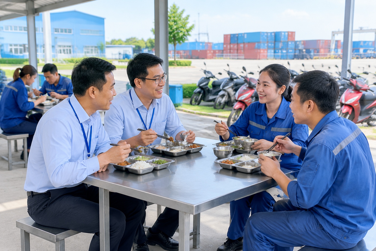 Chinese managers and Vietnamese workers eat lunch at simple outdoor tables in a Southeast Asian industrial park.