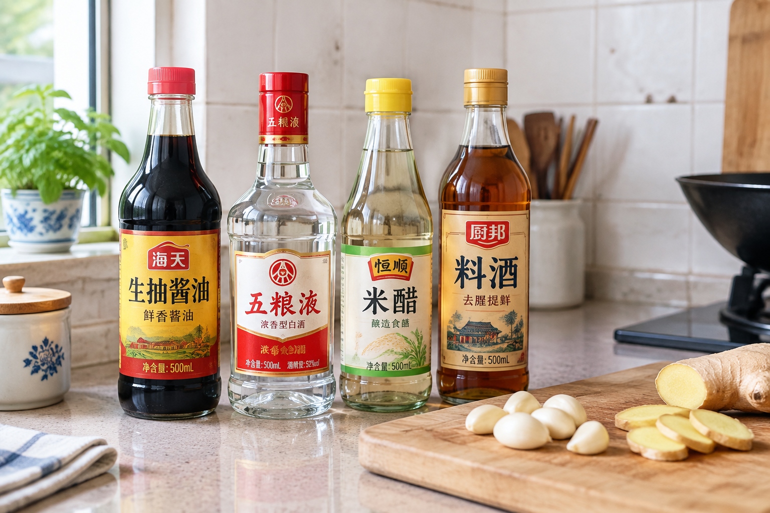 Bottle of clear Chinese baijiu with a red cap stored on a home kitchen counter between soy sauce, vinegar and cooking wine, next to garlic and ginger on a cutting board