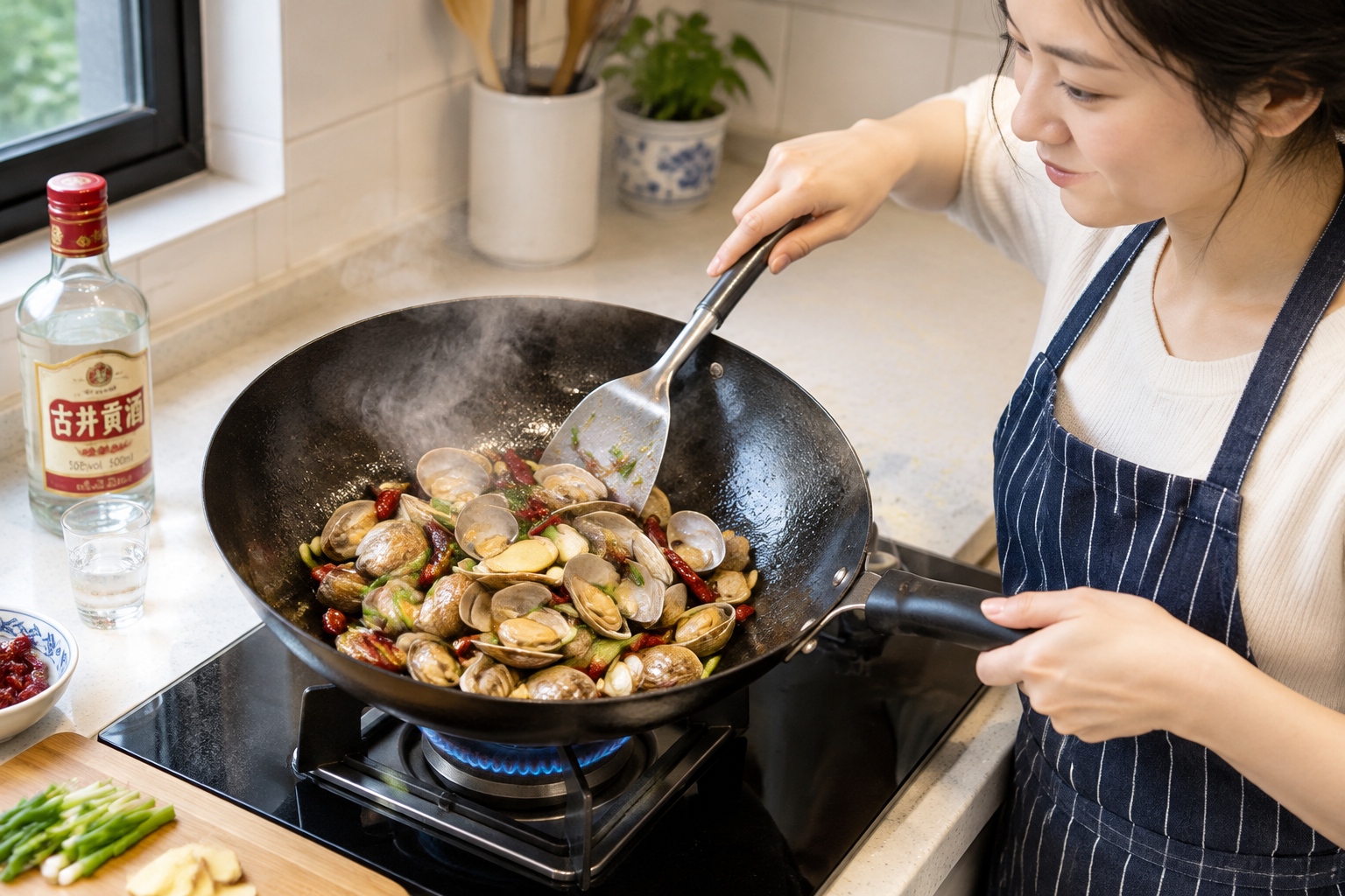Clams stir-frying in a wok with garlic, ginger, chili and scallions in a Chinese home kitchen, with a small glass of baijiu on the counter nearby