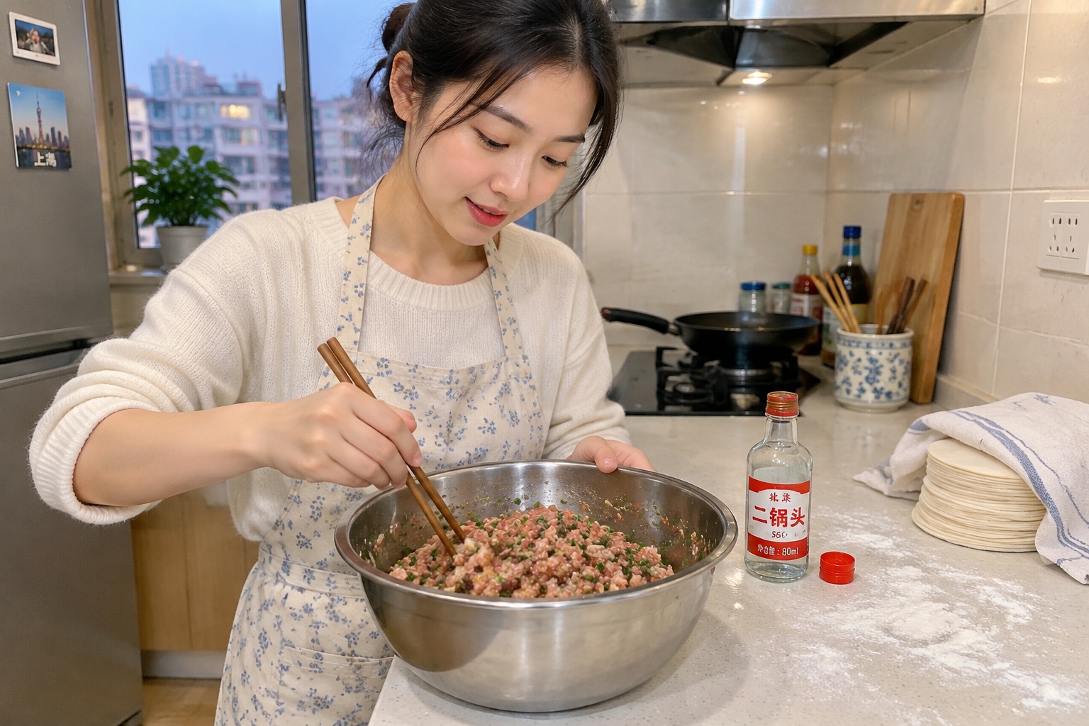 Hands stirring pork dumpling filling with chopsticks in a bowl, with a small bottle of Erguotou baijiu and dumpling wrappers on a Shanghai apartment kitchen counter