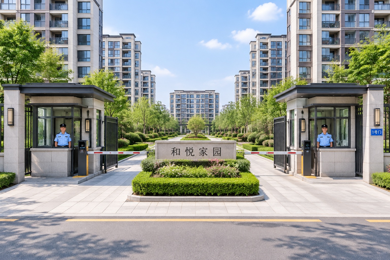 Symmetrical layout of a modern Chinese residential compound with a central gate and mirrored apartment blocks