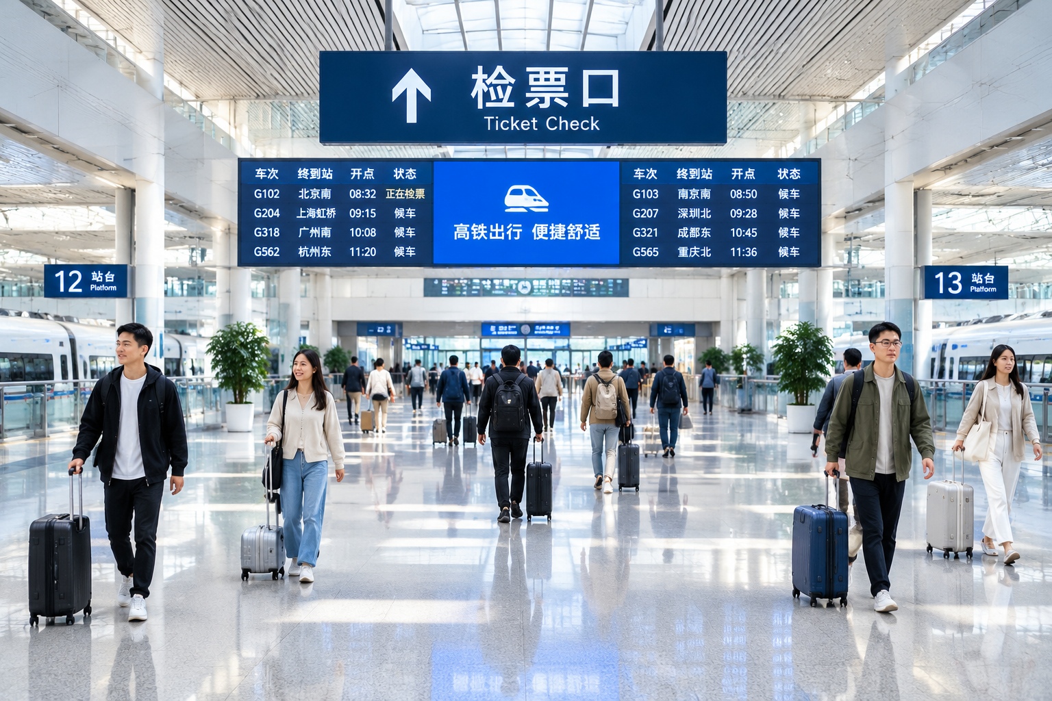 Interior of a modern Chinese high-speed rail station with symmetrical architecture and clear Chinese signage