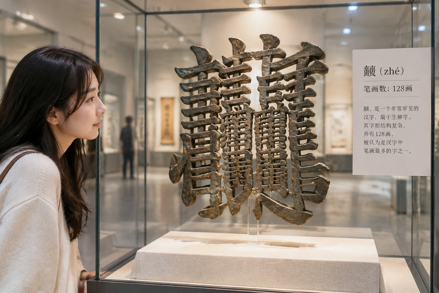 Museum display of the ancient Chinese character 𪚥 (zhé) with 128 strokes, lit in a glass case.