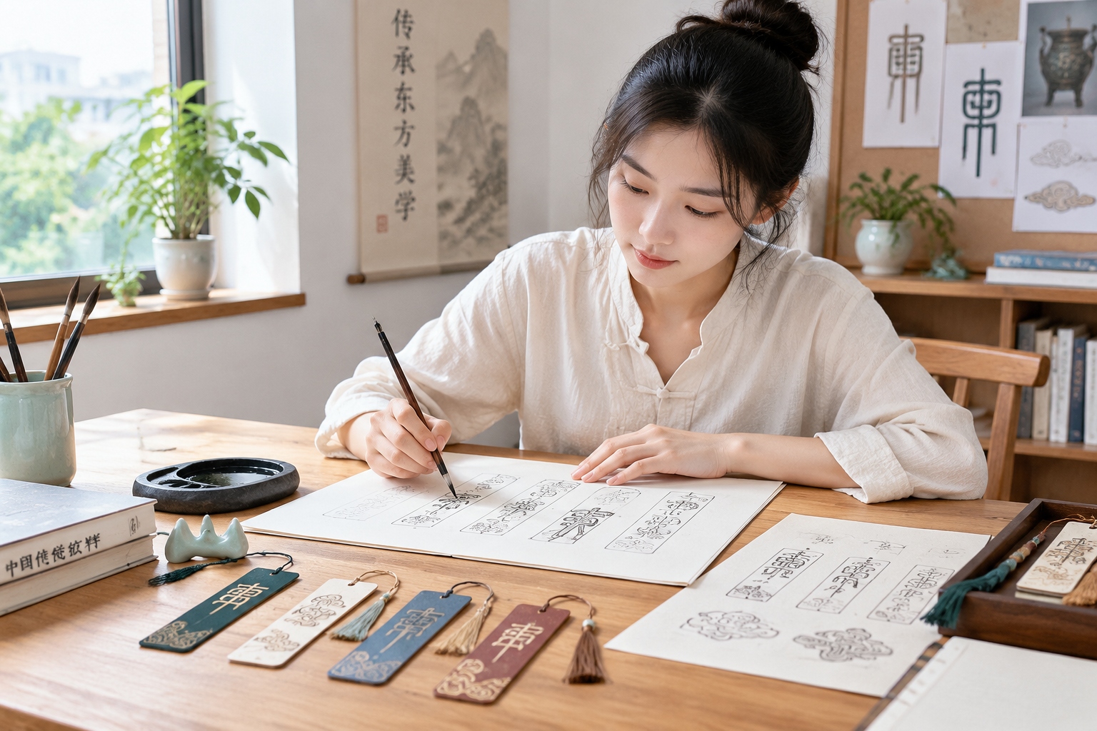 Chinese designer sketching ancient character motifs for cultural products at a studio desk.