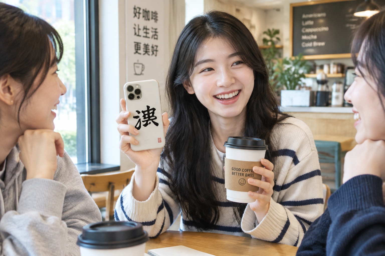 Young Chinese woman showing a phone case with the ancient character 猋 (biāo) in a cafe.
