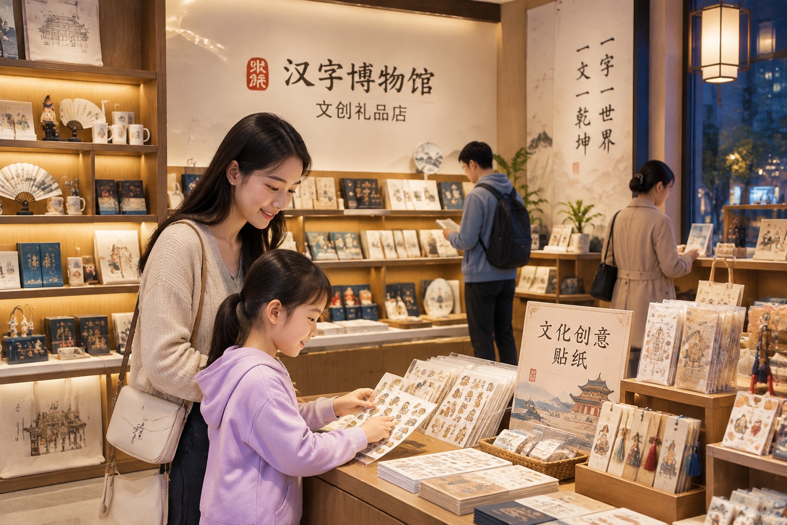 Night scene inside the Hanzi Museum gift shop with customers browsing ancient-character themed products.