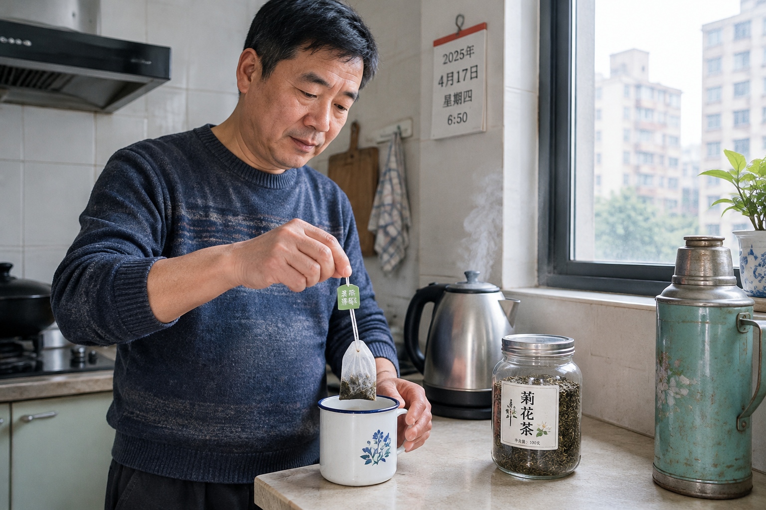 A middle-aged man in a Chengdu kitchen holding a supermarket tea bag over an enamel mug in the early morning