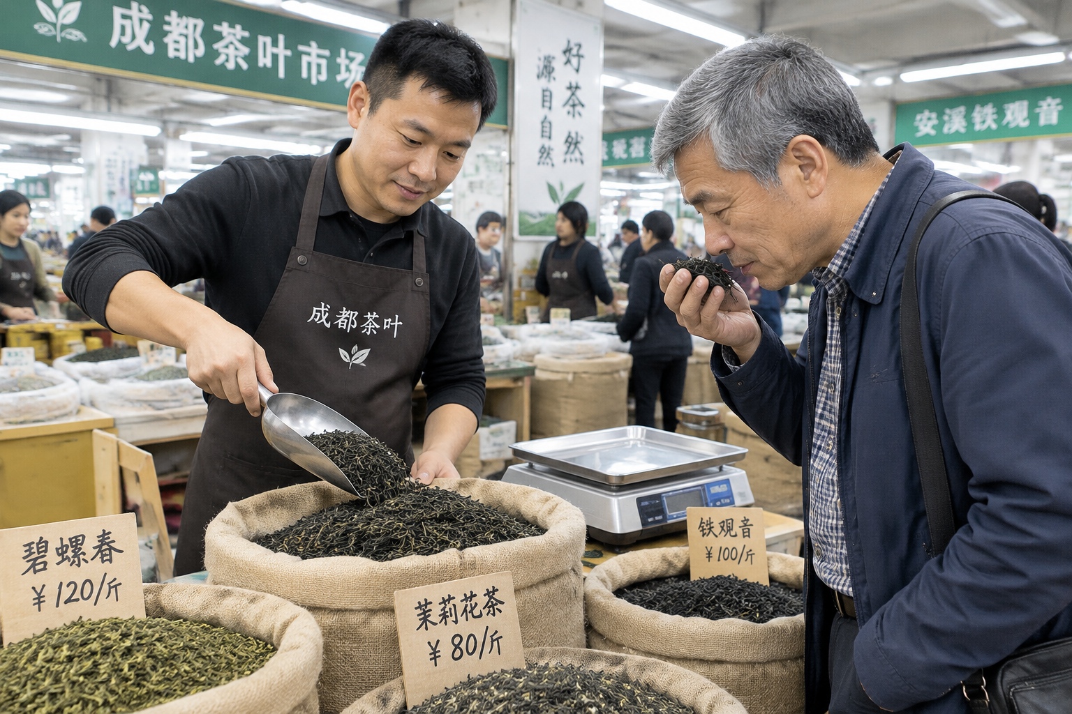 A customer smelling loose-leaf tea at a busy Chengdu tea market stall while a vendor scoops tea from a burlap sack