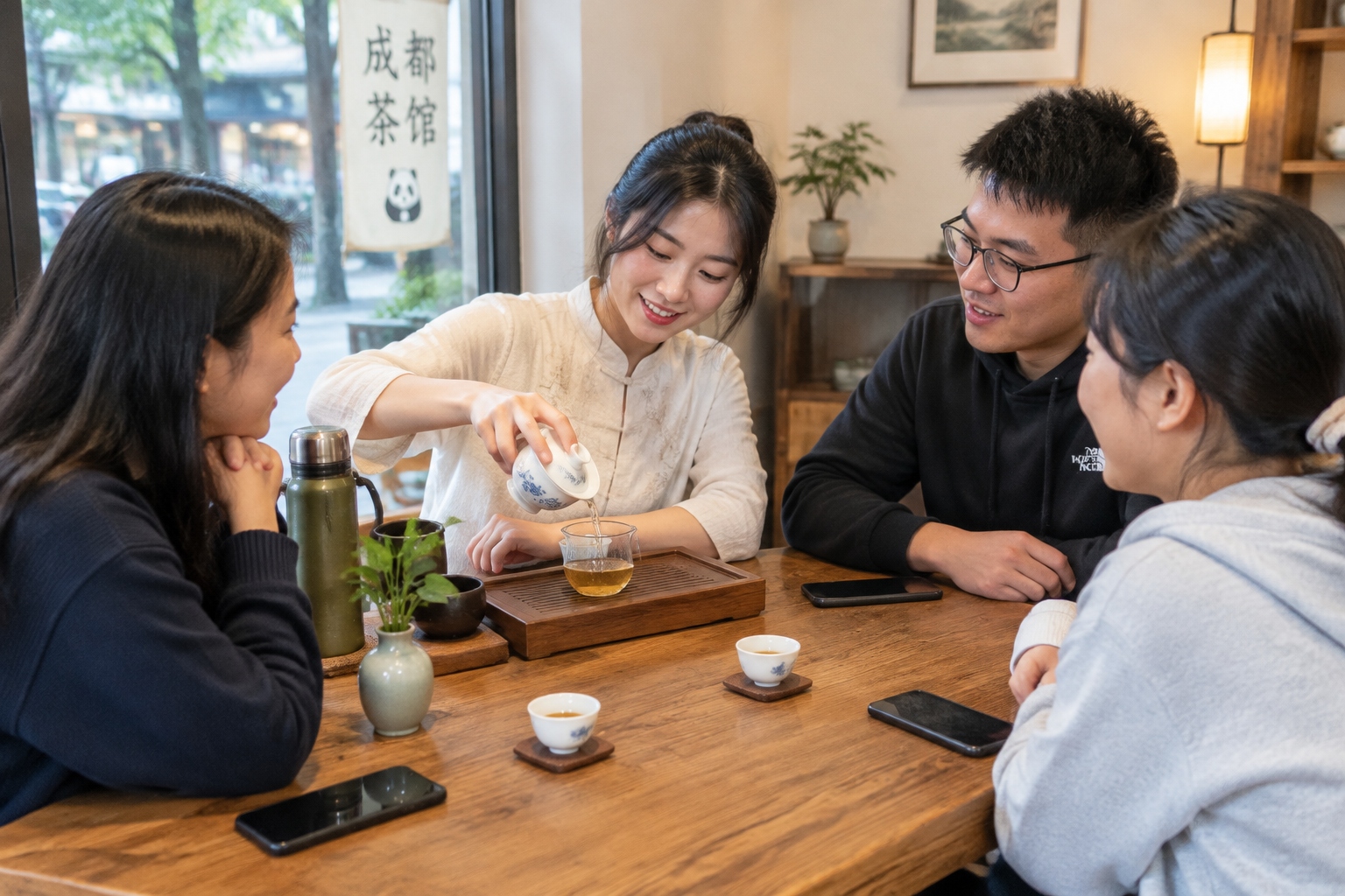 Young people sitting around a wooden table in a small Chengdu tea bar as a woman pours tea from a gaiwan