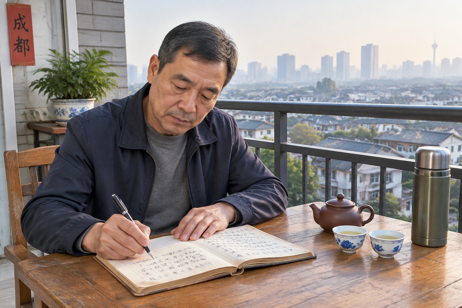 A man writing tea notes in an old account book on a Chengdu balcony beside a small teapot and cups