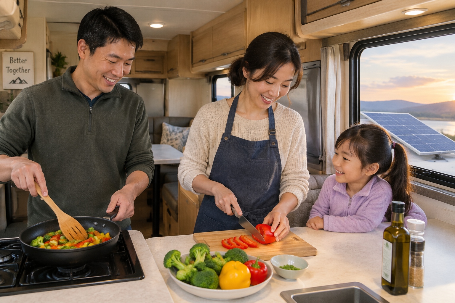 Chinese family cooking inside their RV kitchenette during a road trip