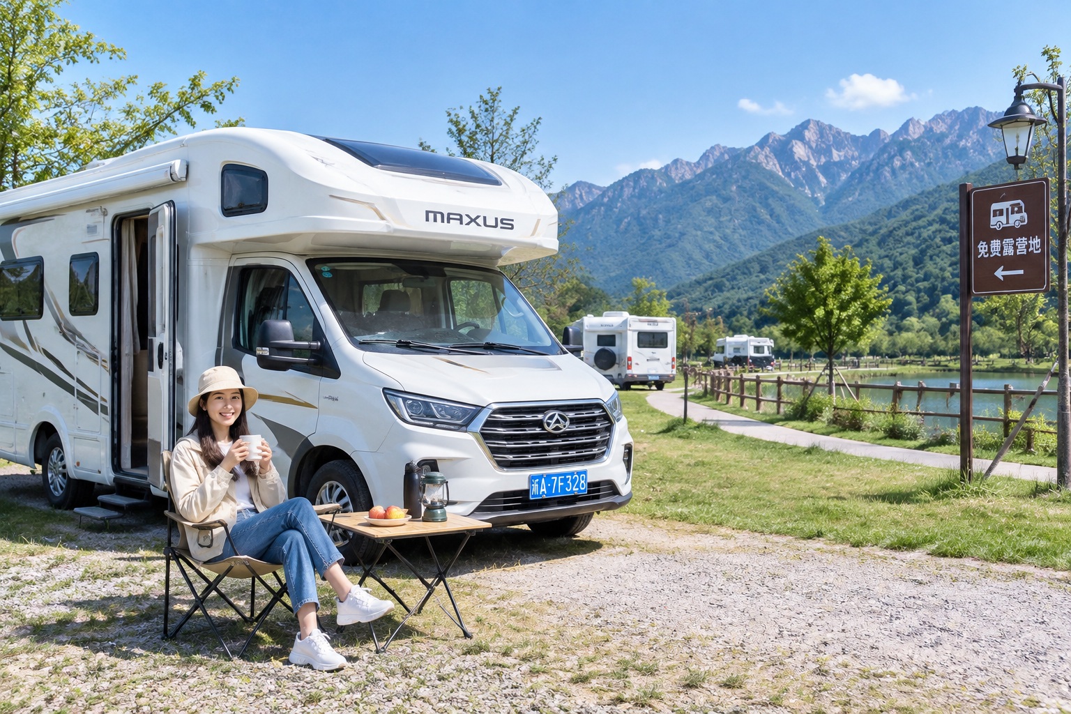Free campsite for RVs in China near a public park, showing several RVs parked