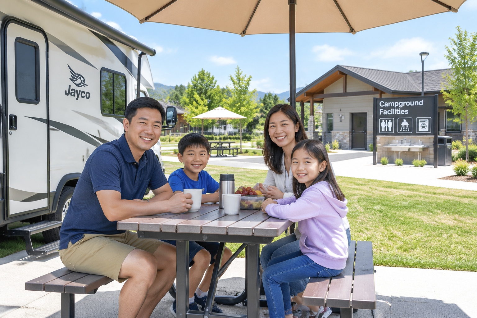 Chinese family relaxing outside their RV at a paid campground with facilities