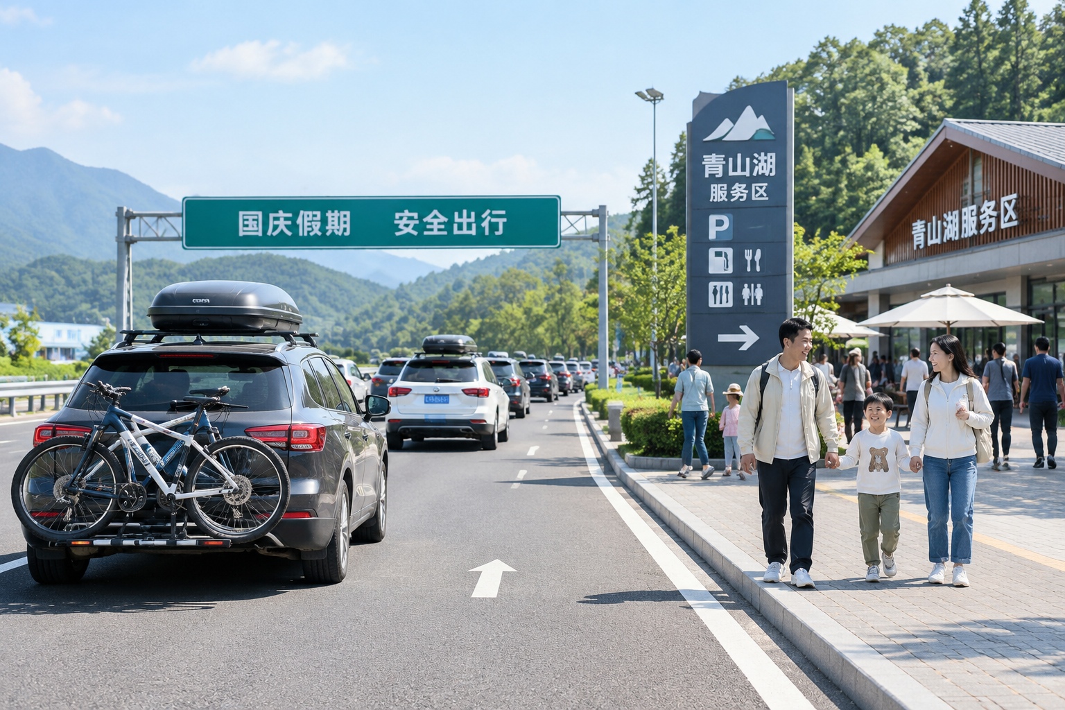 Cars with roof cargo boxes driving on a Chinese highway during a holiday, with a rest area in the background.