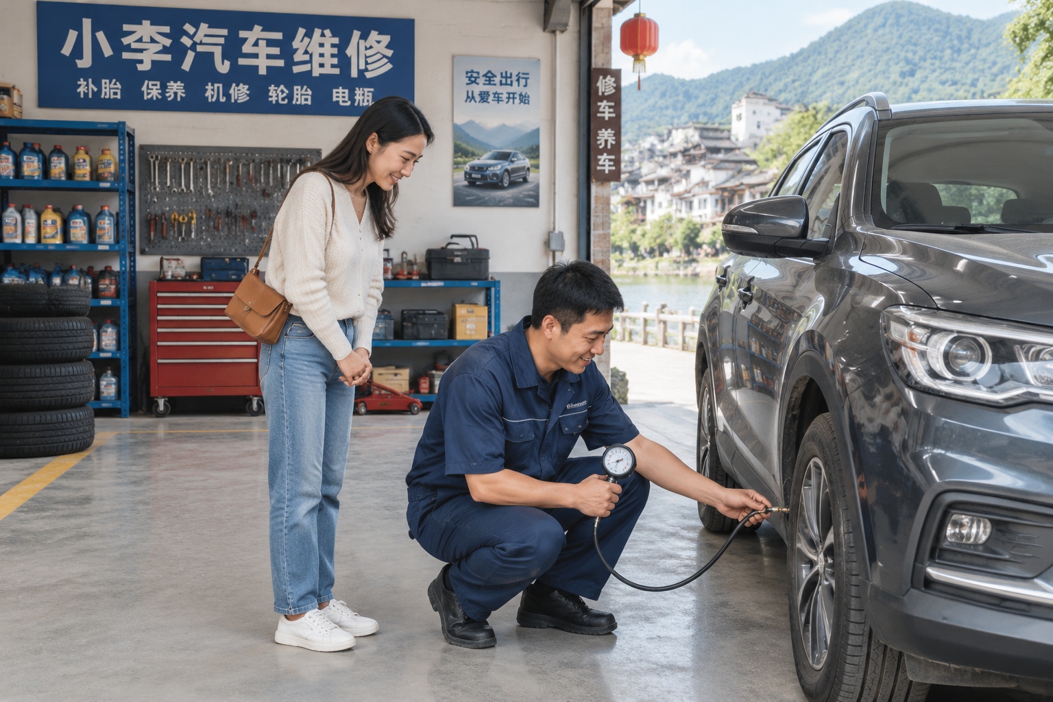 A mechanic at a small roadside repair shop in China checking the tire pressure of an SUV.