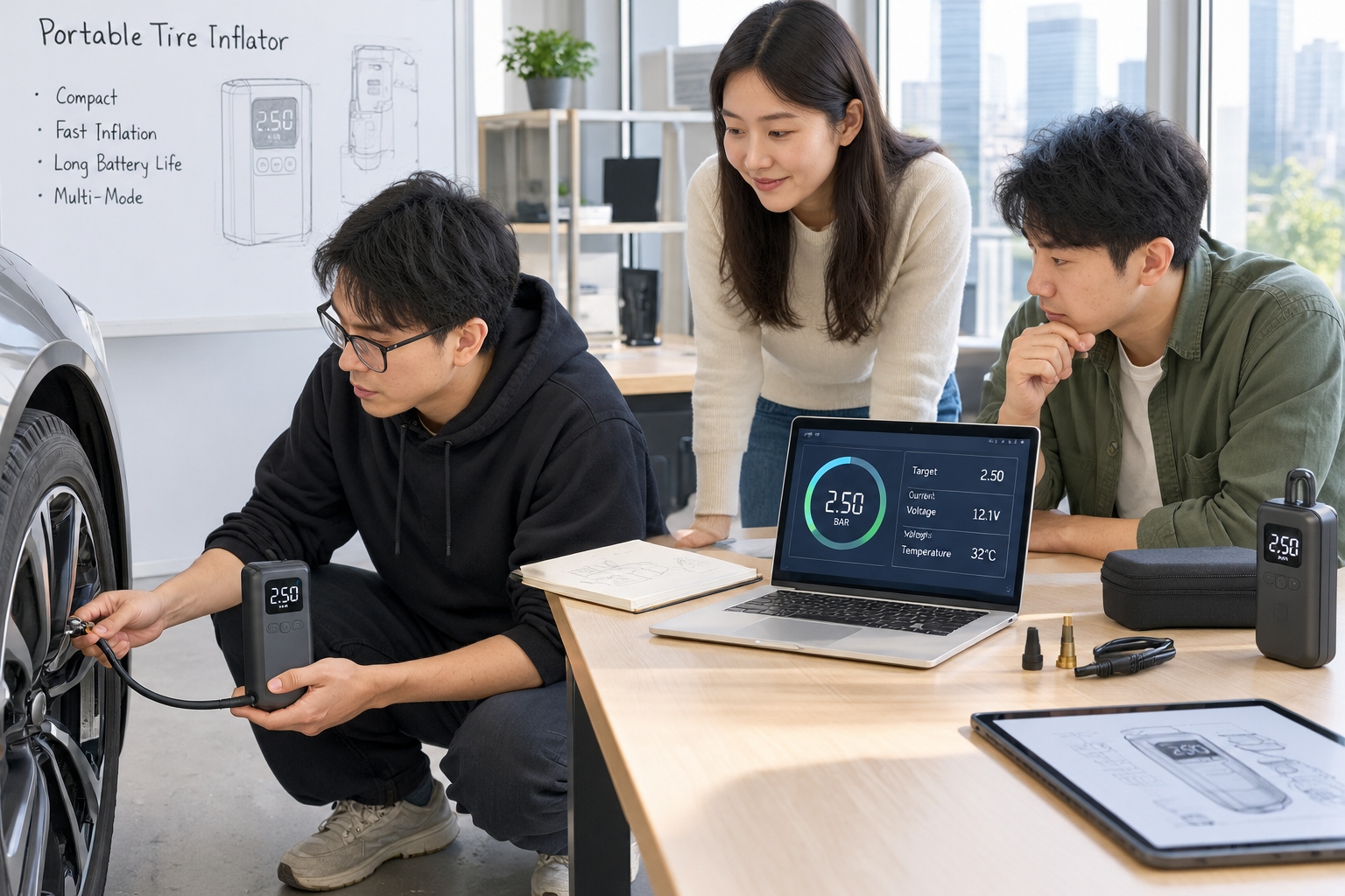 Engineers at a Chinese startup testing a portable tire inflator in a modern office.